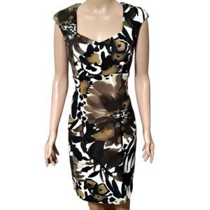 Connected Brown/White/Black Floral Fitted Empire Waist Dress, Size 6 NWOT